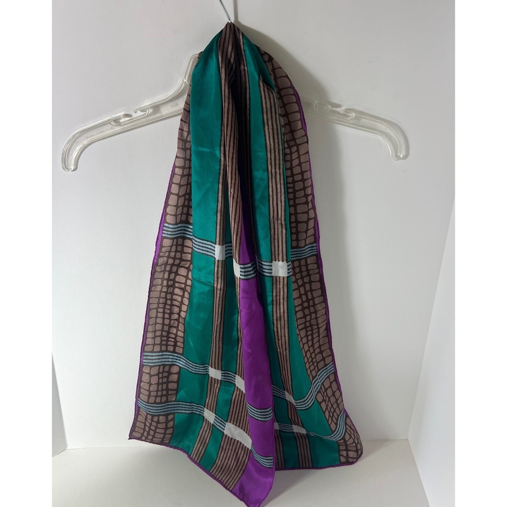 Vintage Vera Neuman Silk Geometric Rectangular Scarf 10 x 52" Purple Green Flaw
